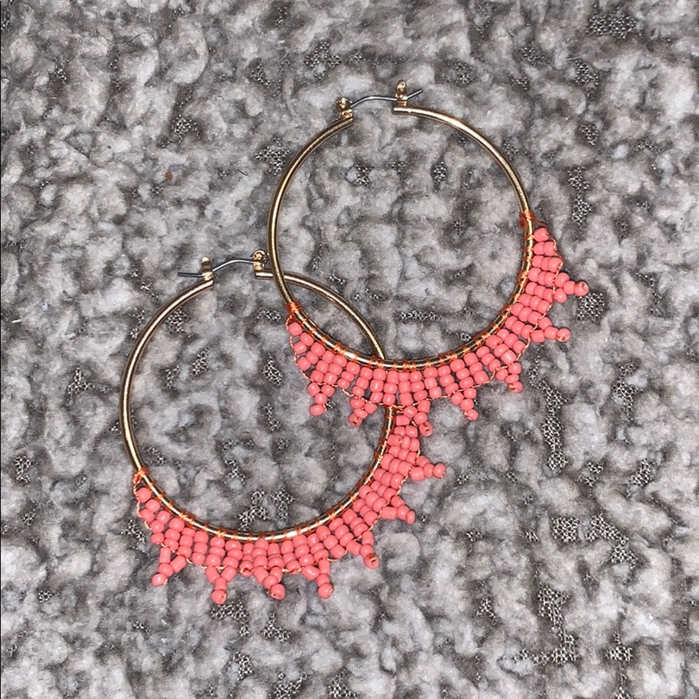 Coral beaded gold hoops